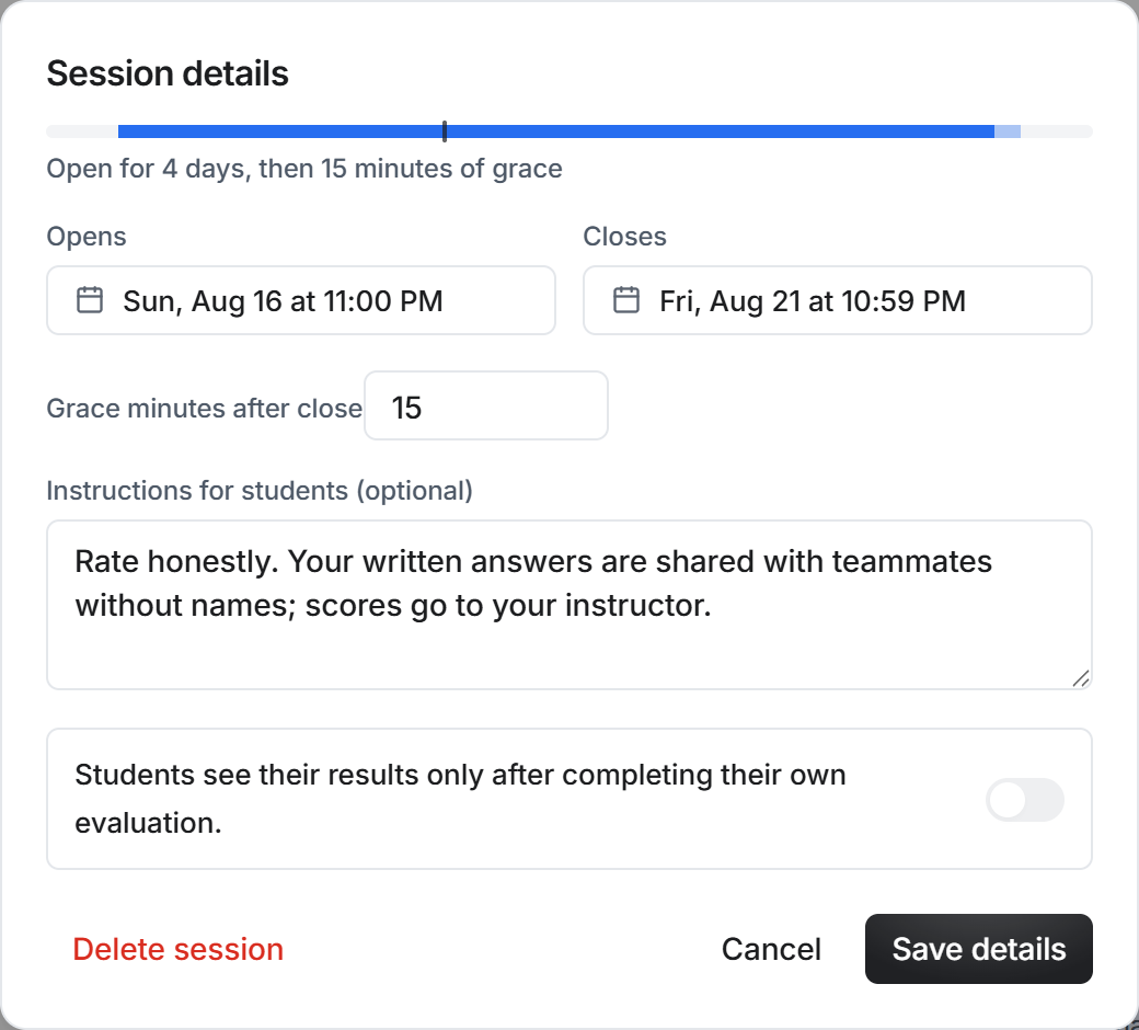 The Session details dialog: the Opens and Closes date pickers, the grace minutes field, and the instructions students see