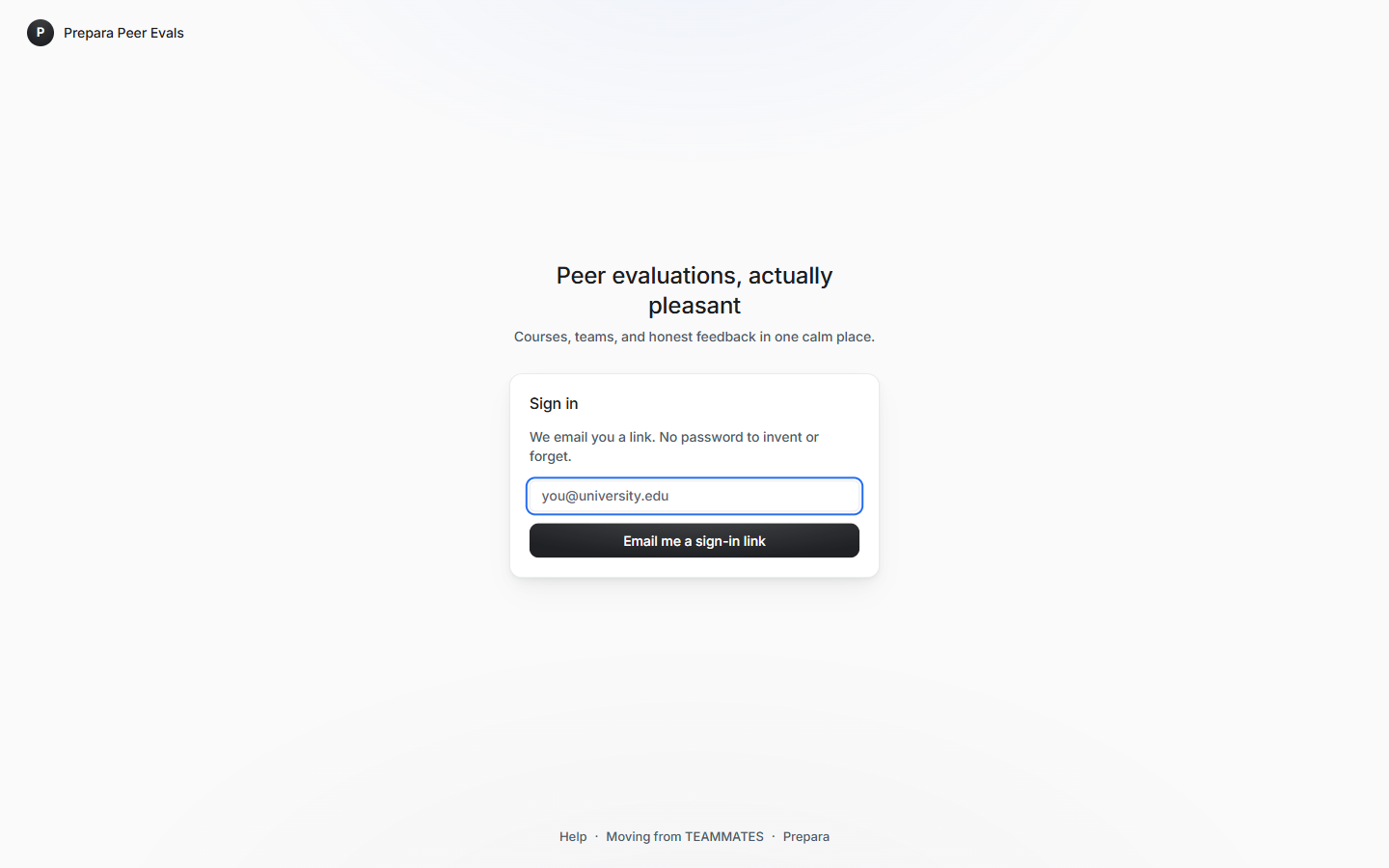 The sign-in page: one email field, no passwords