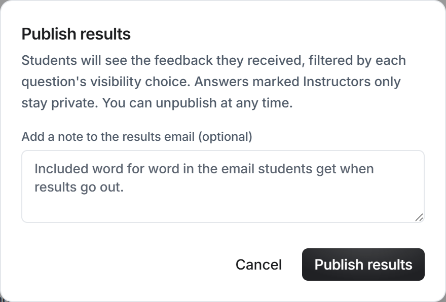 The Publish results dialog, stating exactly what students will see, with an optional note for the results email
