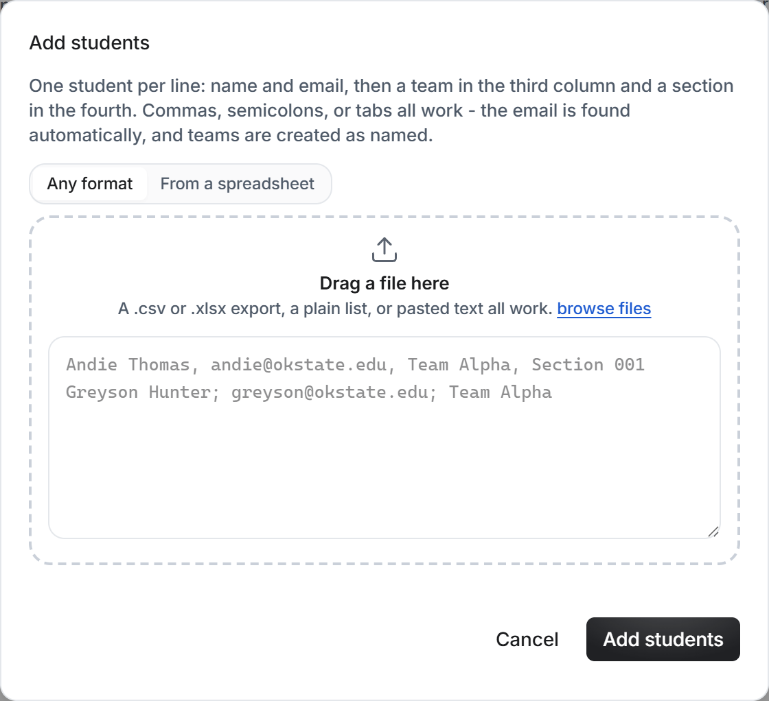 The Add students dialog: a dropzone for a .csv or .xlsx file and a paste box that accepts names, emails, teams, and sections in any reasonable format